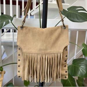 Vintage Nine West Tan Genuine Leather Suede Fringe Boho Bag